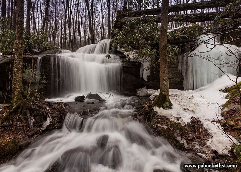 A winter scene from Fechter Run Falls at Ohiopyle State Park
