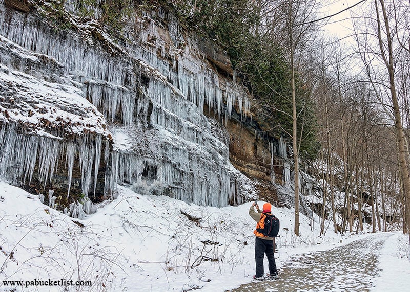 A wall of ice along the Great Allegheny Passage as it passes through Ohiopyle State Park