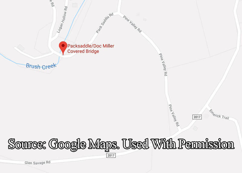 A map showing the location of the Pack Saddle Covered Bridge in Fairhope Township, Somerset County, PA.