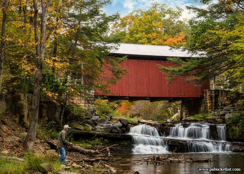 A lone fisherman on Brush Creek below the Pack Saddle Covered Bridge in Somerset County, PA.