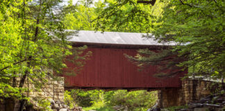 A summertime view of the Pack Saddle Covered Bridge in Somerset County, PA.