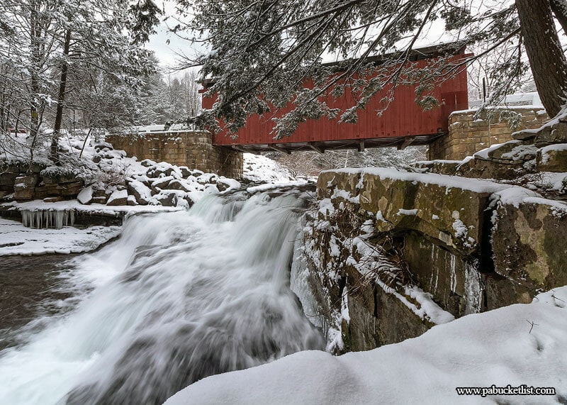 A blanket of fresh snow turns the Pack Saddle Bridge in Somerset County, Pennsylvania into a winter wonderland.