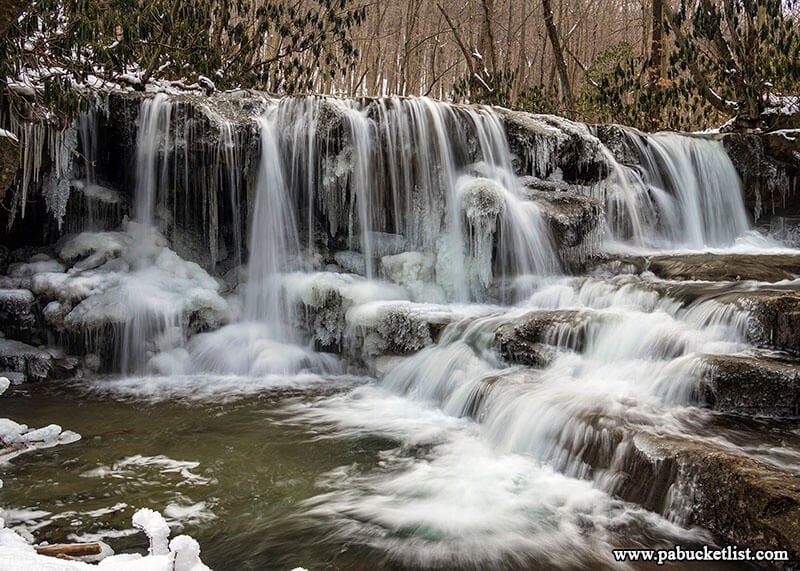 A winter scene at Upper Jonathan Run Falls at Ohiopyle State Park