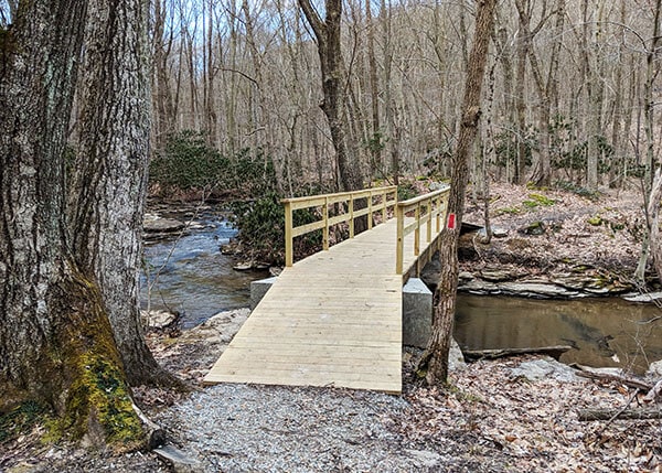 The newly-completed bridge over Jonathan Run, above Upper Jonathan Run Falls at Ohiopyle State Park.