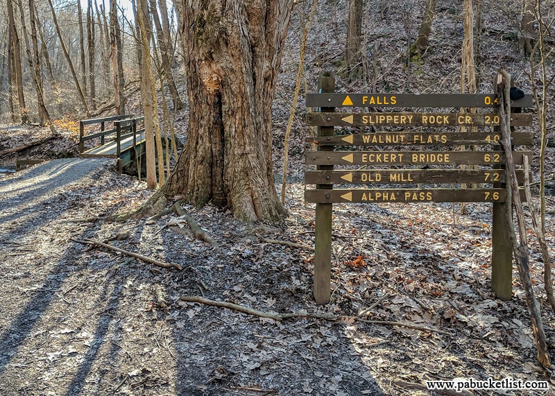 Sign at second bridge along Hell's Hollow Falls Trail.