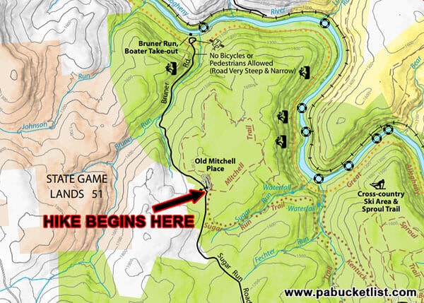A copy of the official Ohiopyle State Park map showing where to find the Old MiItchell Place parking area.