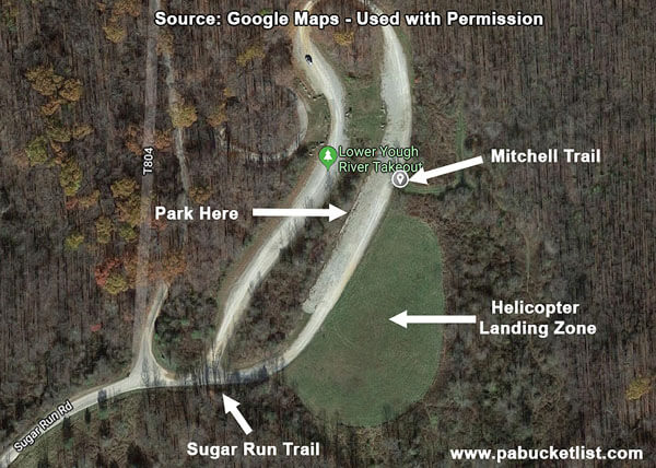 A map of where to park and where to pick up the Mitchell Trail to hike to the waterfalls on Jonathan Run.