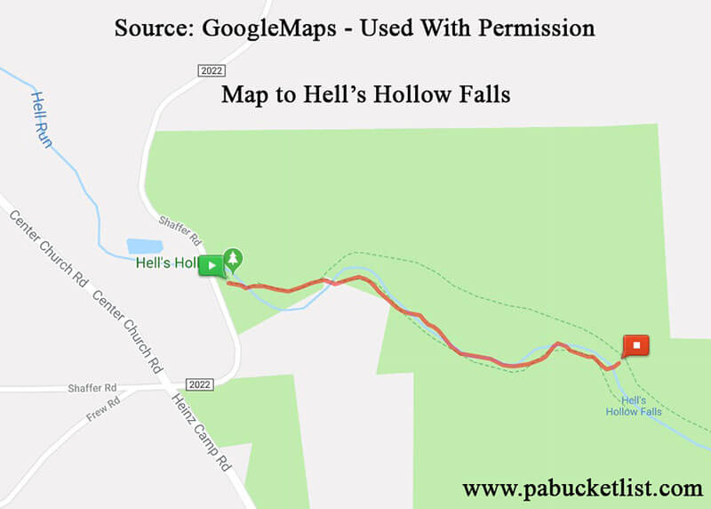Map showing the parking area and trail to Hell's Hollow Falls.