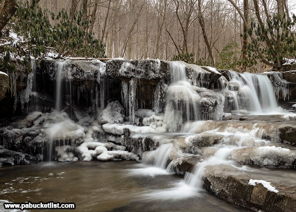 Winter arrives at Upper Jonathan Run Falls at Ohiopyle State Park.