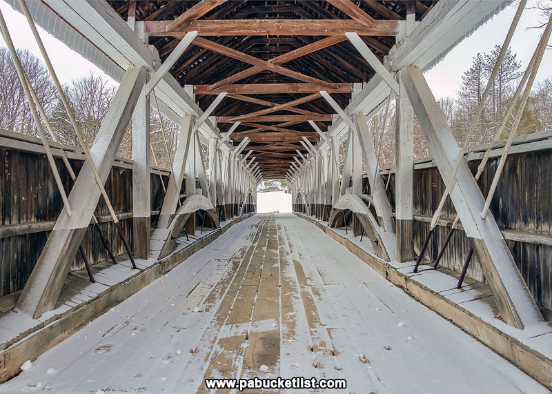 The Burr-arch trusses inside the Barronvale Covered Bridge in Somerset County Pennsylvania.