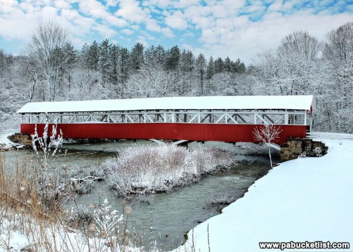 A picture-perfect winter day at the Barronvale Covered Bridge in Somerset County, PA