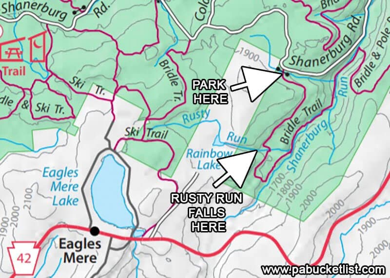A map showing the locations of Rusty Run Falls and the trail head parking area.