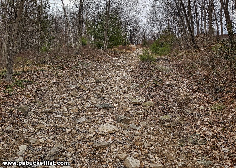 The steep rocky road along the power line trail leading to Round Island Run.