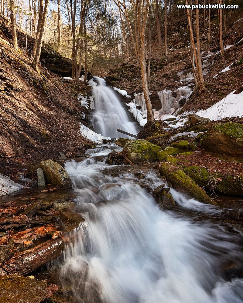 A downstream view of Water Tank Hollow Falls along the Pine Creek Rail Trail in Tioga County, PA..