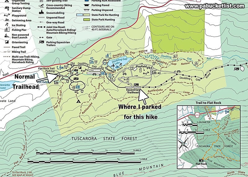 A map of Colonel Denning State Park, showing parking options for the Flat Rock Trail.