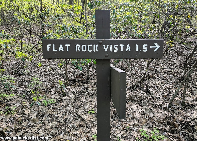 Sign along the Flat Rock Trail indicating 1.5 miles to the vista.
