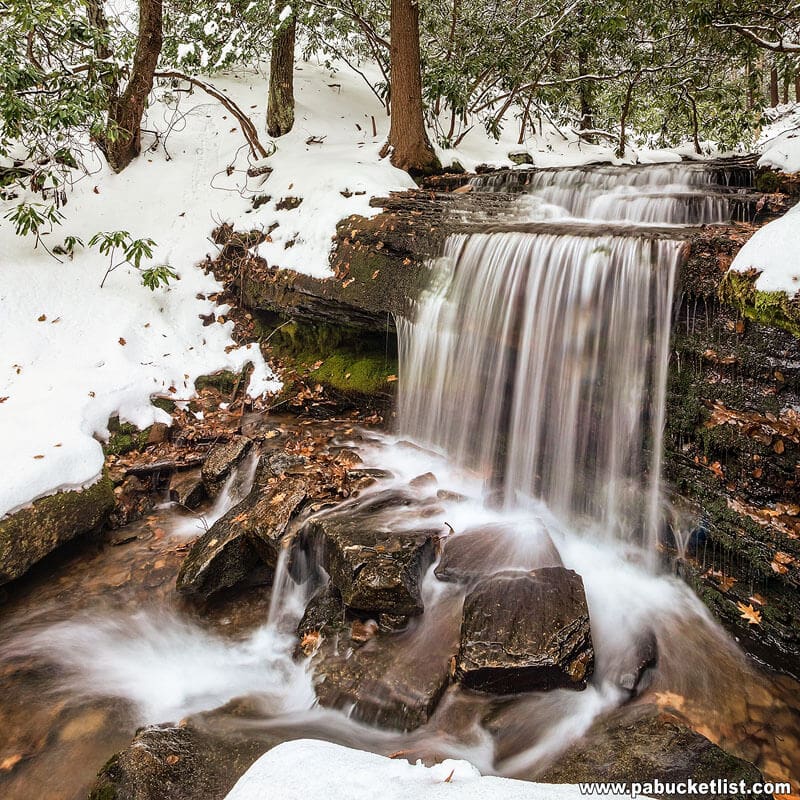 A side view of Kyler Fork Falls in the wintertime.