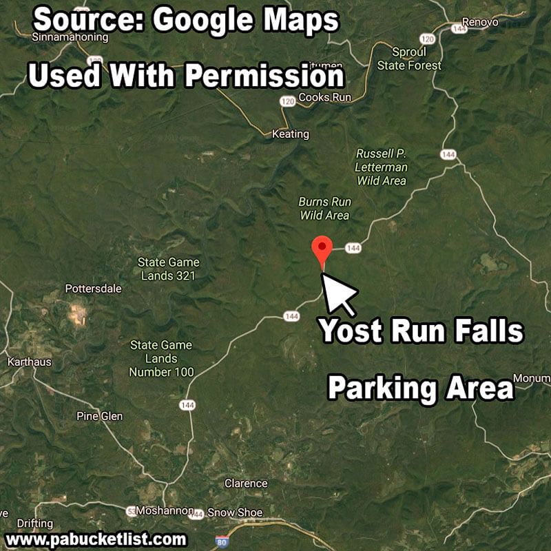 A map showing the parking area for Yost Run Falls, relative to Moshannon and Renovo.