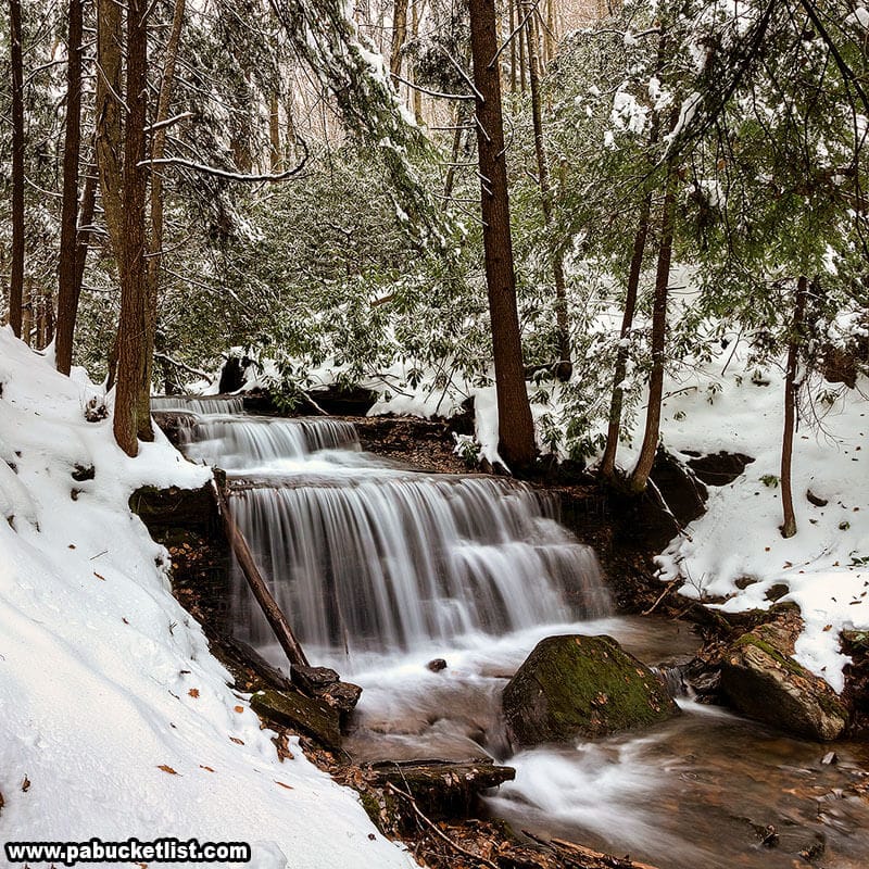 A winter view of Yost Run Falls from the trail.