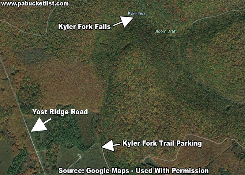 A map showing the parking area for the Kyler Fork Trail in the Sproul State Forest.