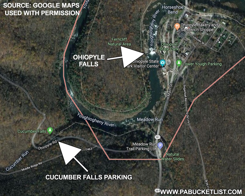 A map showing the location of the Cucumber Falls parking lot at Ohiopyle State Park.