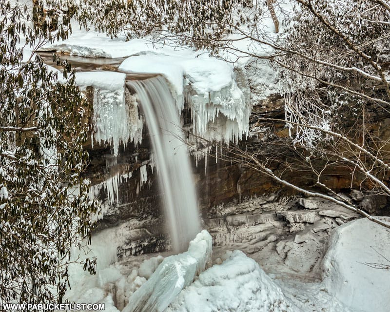 Cucumber Falls surrounded by snow and ice.