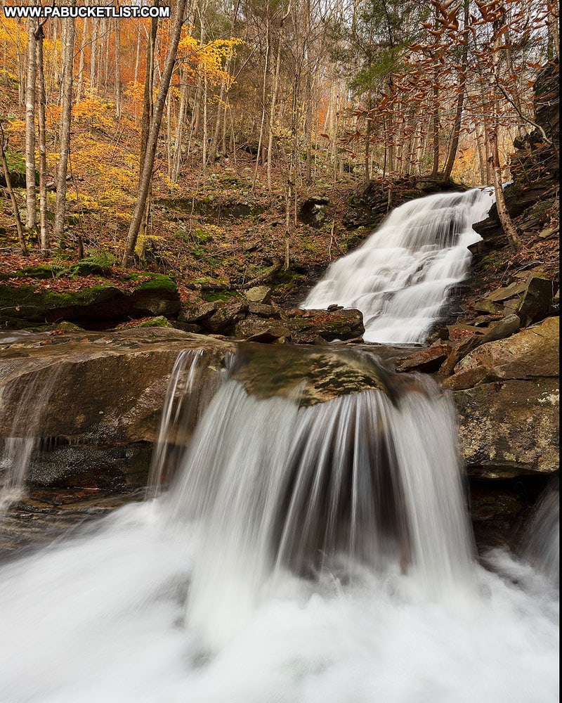 Brilliant fall foliage at Hounds Run Falls in the McIntyre Wild Area.