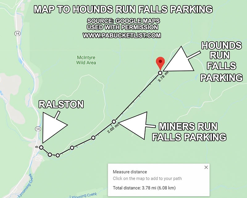 A map showing the location of the Hounds Run Falls parking lot in relation to Ralston