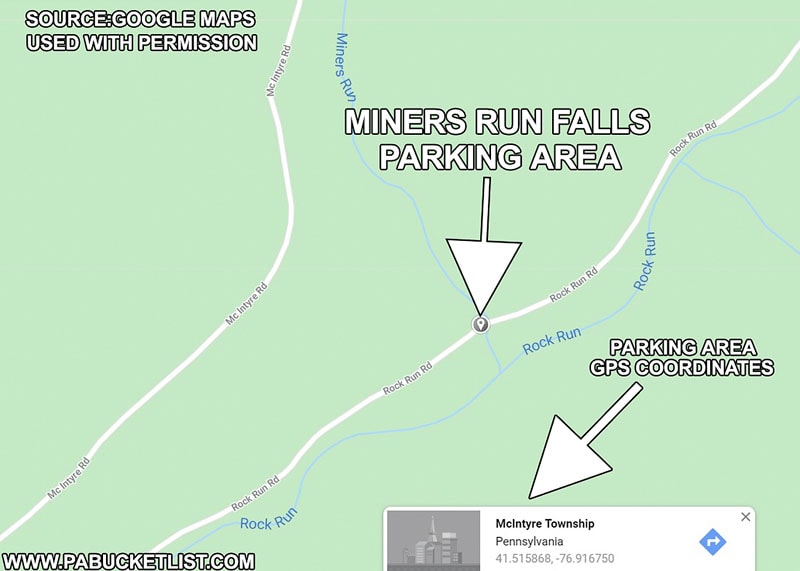 Map and GPS coordinates for the Miners Run Falls parking area.
