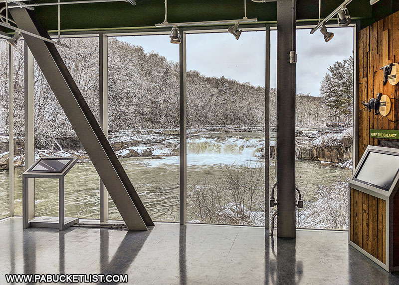 Ohiopyle Falls as viewed from inside the Laurel Highlands Visitors Center.