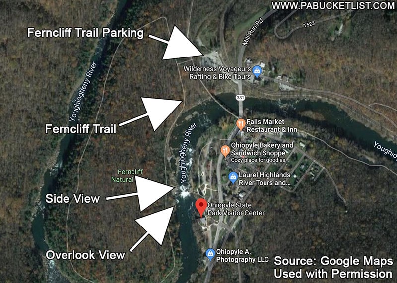 A map of Ferncliff Trail and the best spots to view Ohiopyle Falls from.