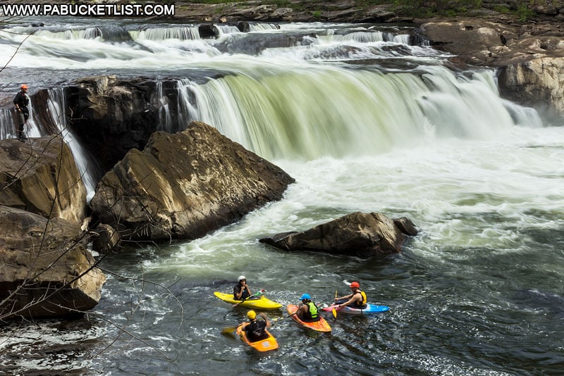 Kayakers congregated near Ohiopyle Falls.