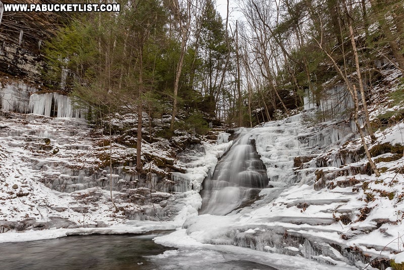 A wide-angle view of Abbott Run Falls on a winter day.