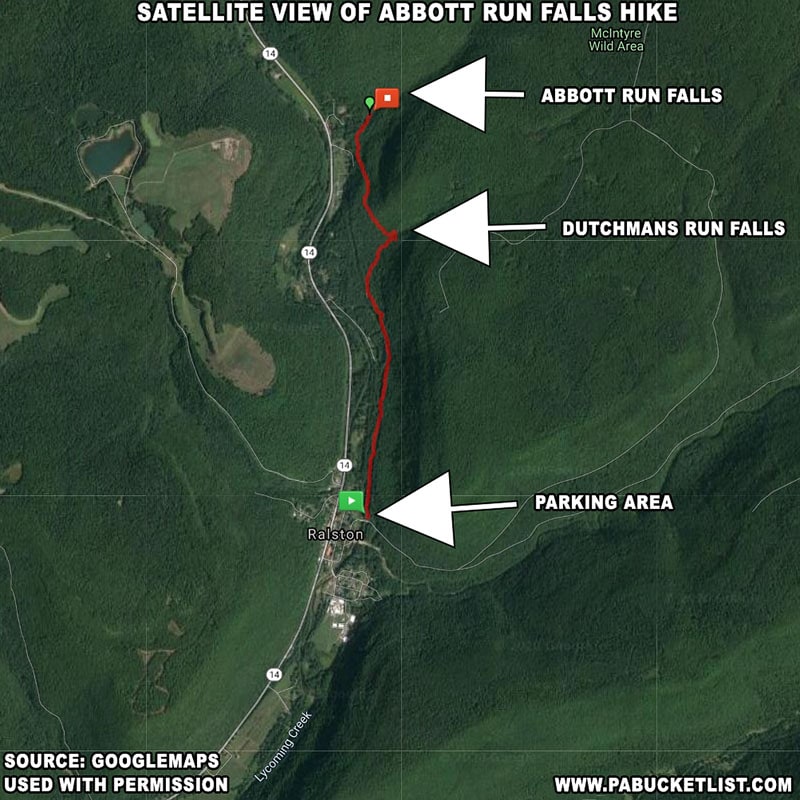 A satellite view map of Abbott Run Falls in the McIntyre Wild Area.