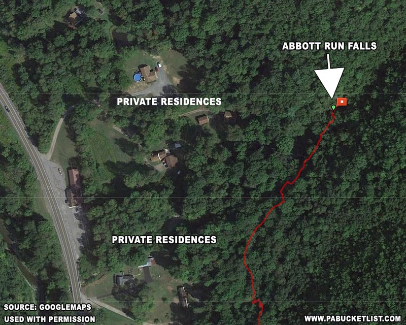 A satellite view image of Abbott Run Falls and surrounding private property.