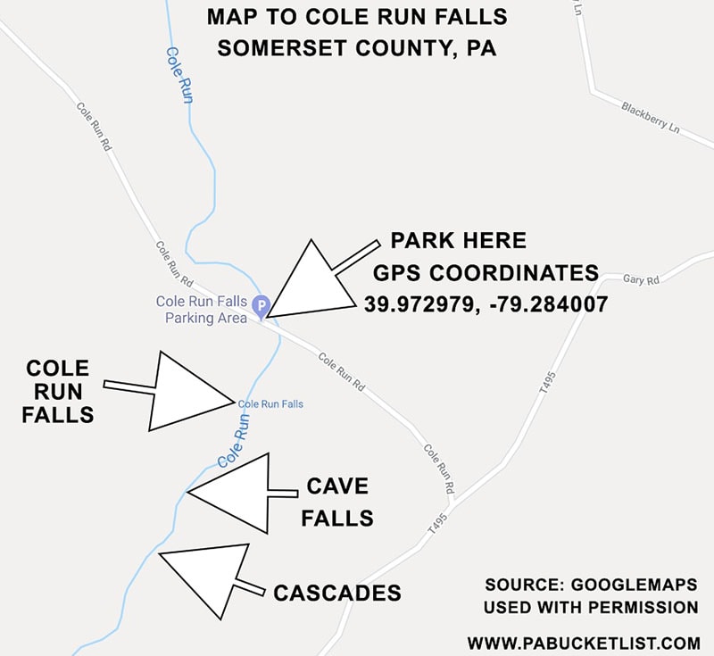 A map showing the location of Cole Run Falls and several smaller waterfalls on Cole Run.