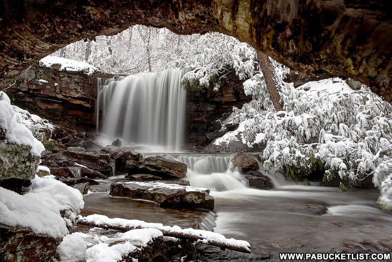 A snowy scene at Cole Run Falls in the Laurel Highlands.