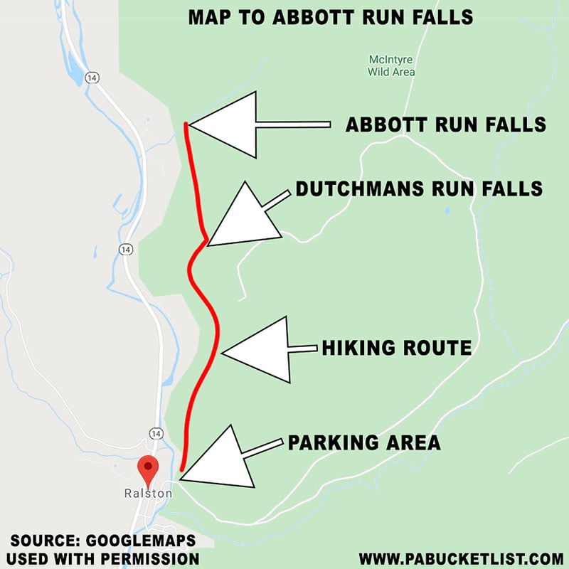 A map to Abbott Run Falls in the McIntyre Wild Area