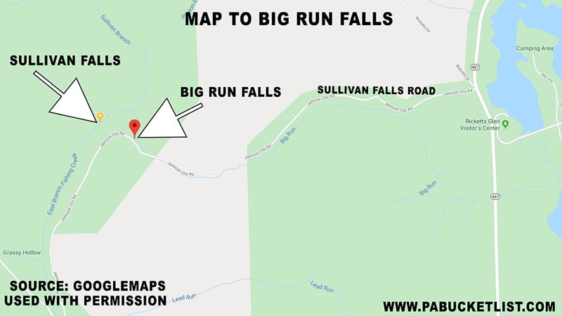 A map showing the location of Big Run Falls in Sullivan County.