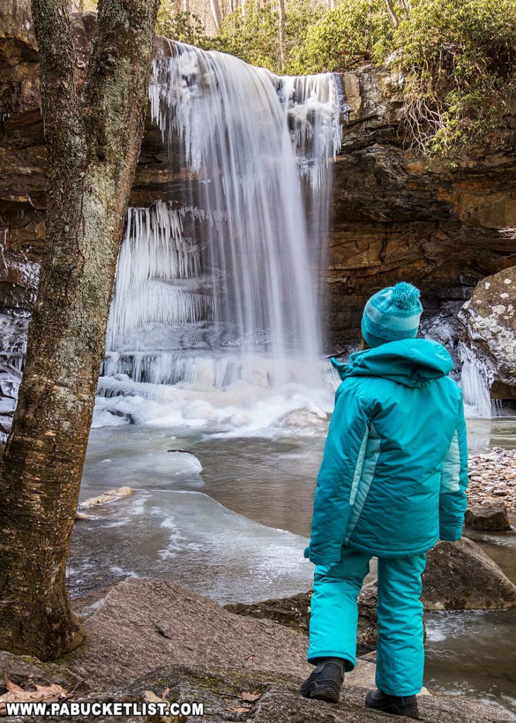 Checking out Cucumber Falls during Winterfest at Ohiopyle State Park.