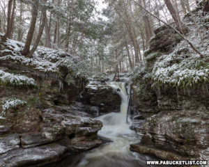 Snow and ice covering the Kitchen Creek gorge around Adams Falls.