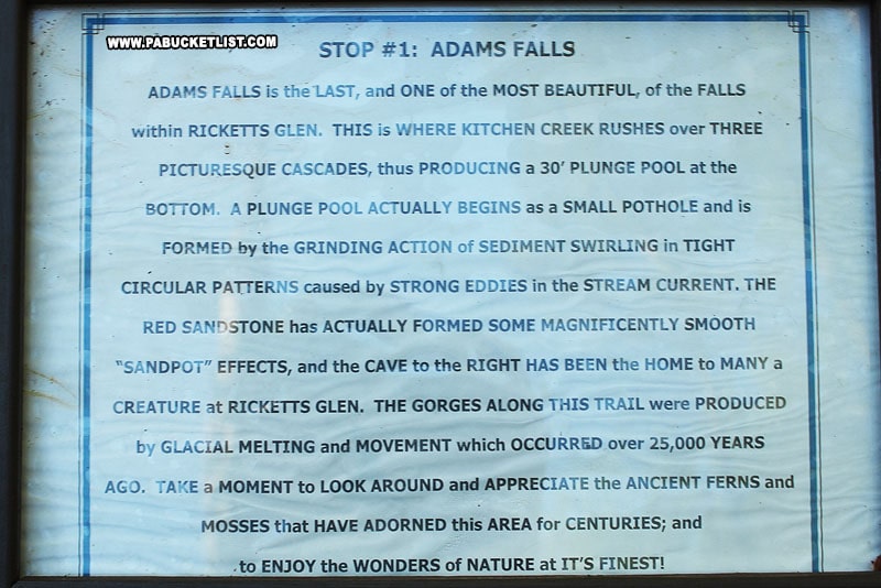 Information about the age and geology of Adams Falls at Ricketts Glen State Park.