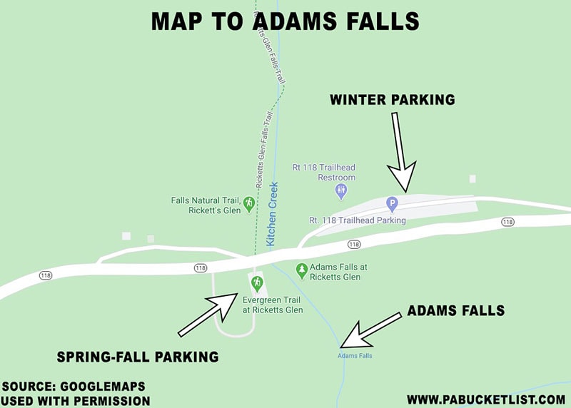 A map to Adams Falls at Ricketts Glen State Park.