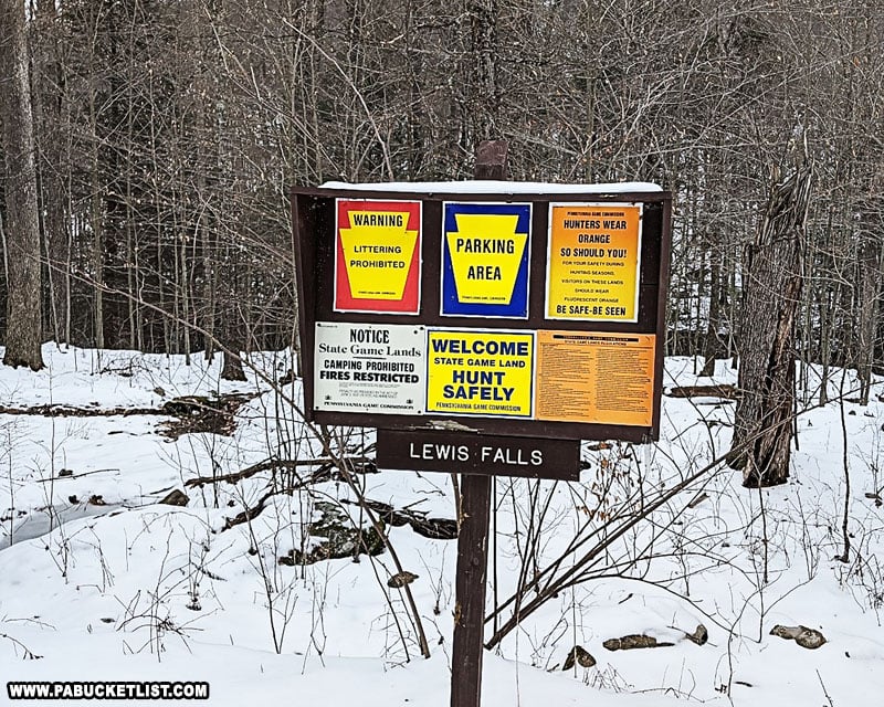 Lewis Falls parking area sign on State Game Lands 13.