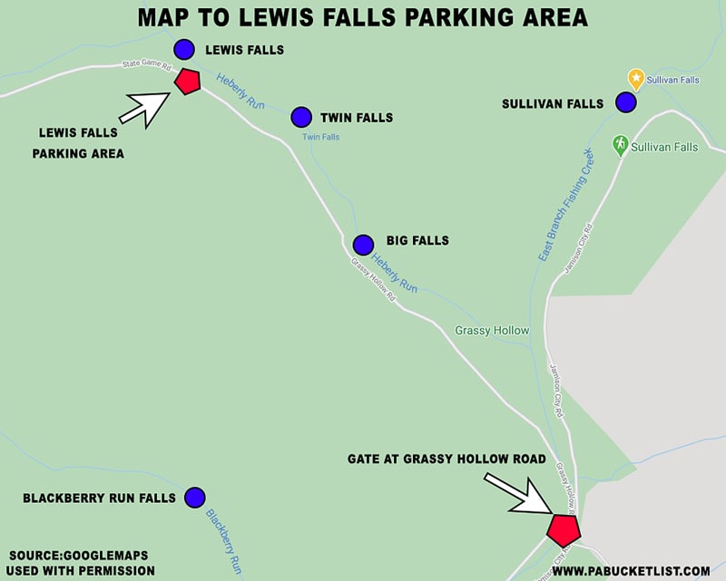A map to the Lewis Falls parking area on State Game Lands 13 in Sullivan County.
