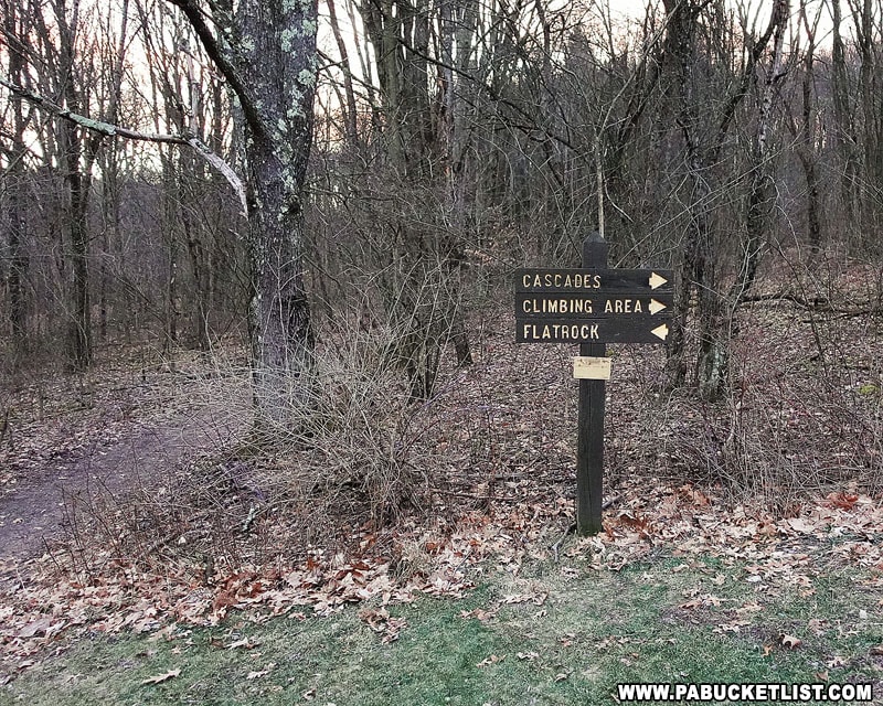 Meadow Run Trail sign near parking area.