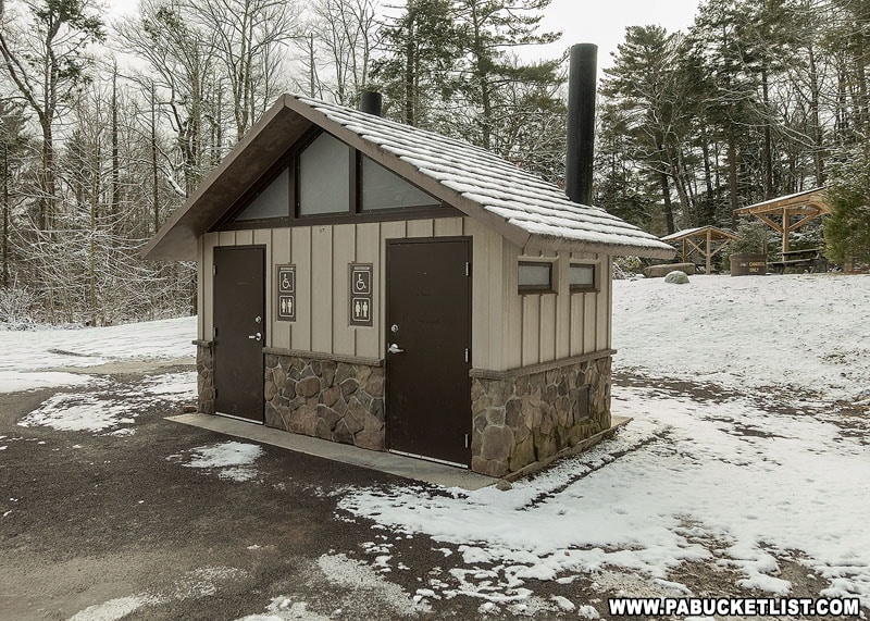 The restrooms at the Route 118 parking area at Ricketts Glen State Park.