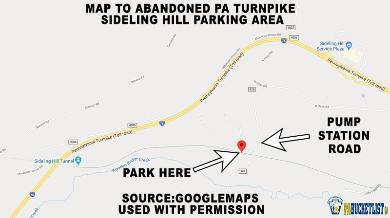 Map to the Sideling Hill Tunnel parking area in Fulton County.