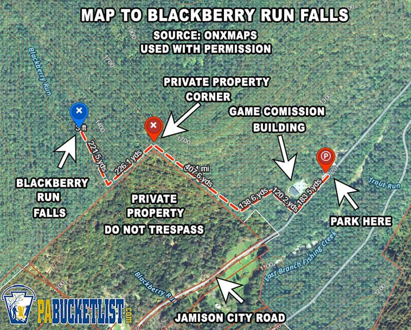 A satellite map of the Blackberry Run Falls hike on State Game Lands 13 in Sullivan County, PA.