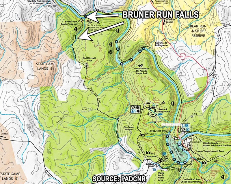 Bruner Run Falls Map at Ohiopyle State Park